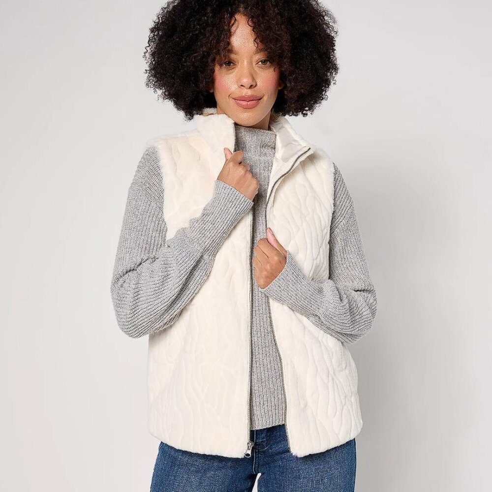 STUDIO PARK X KERSTIN LINDQUIST Women's Faux Fur Zip Front Vest Size 2X In Ivory